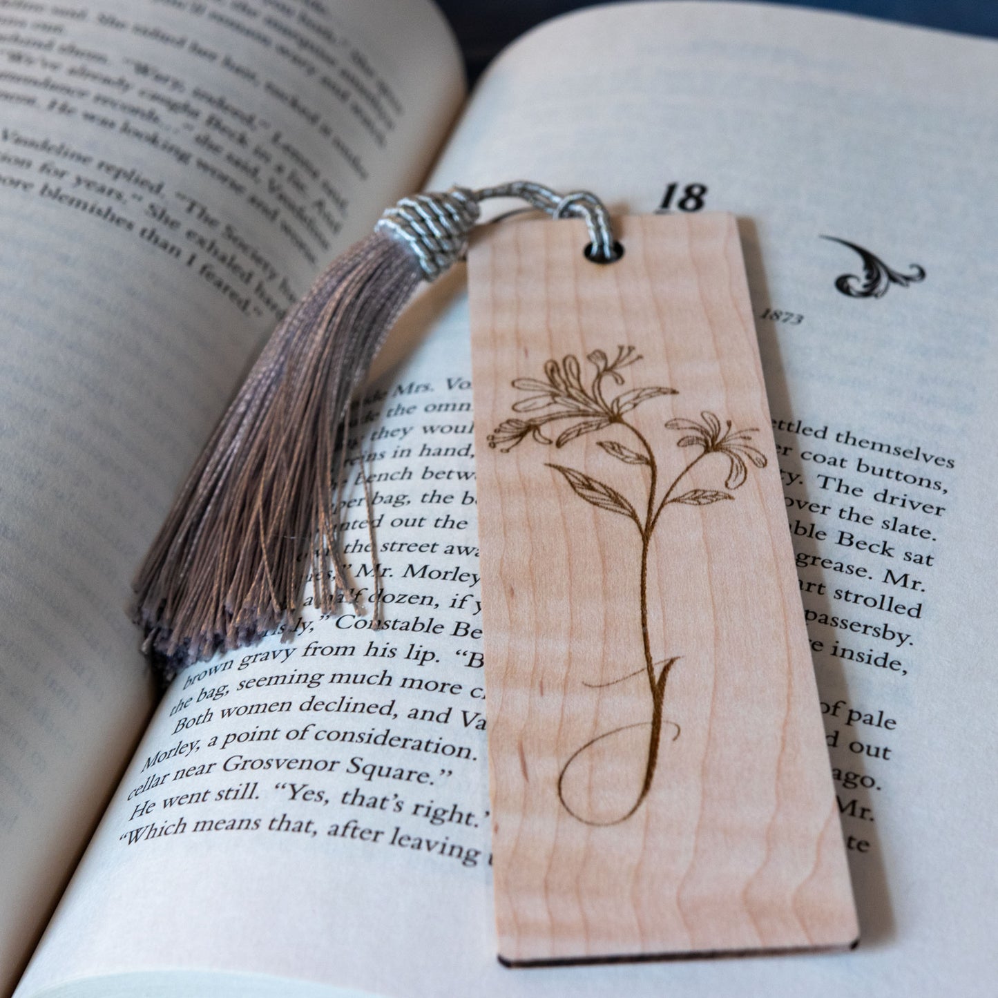 Curly Maple Wooden Personalized Birth Flower Bookmark with Custom Monogram Engraving