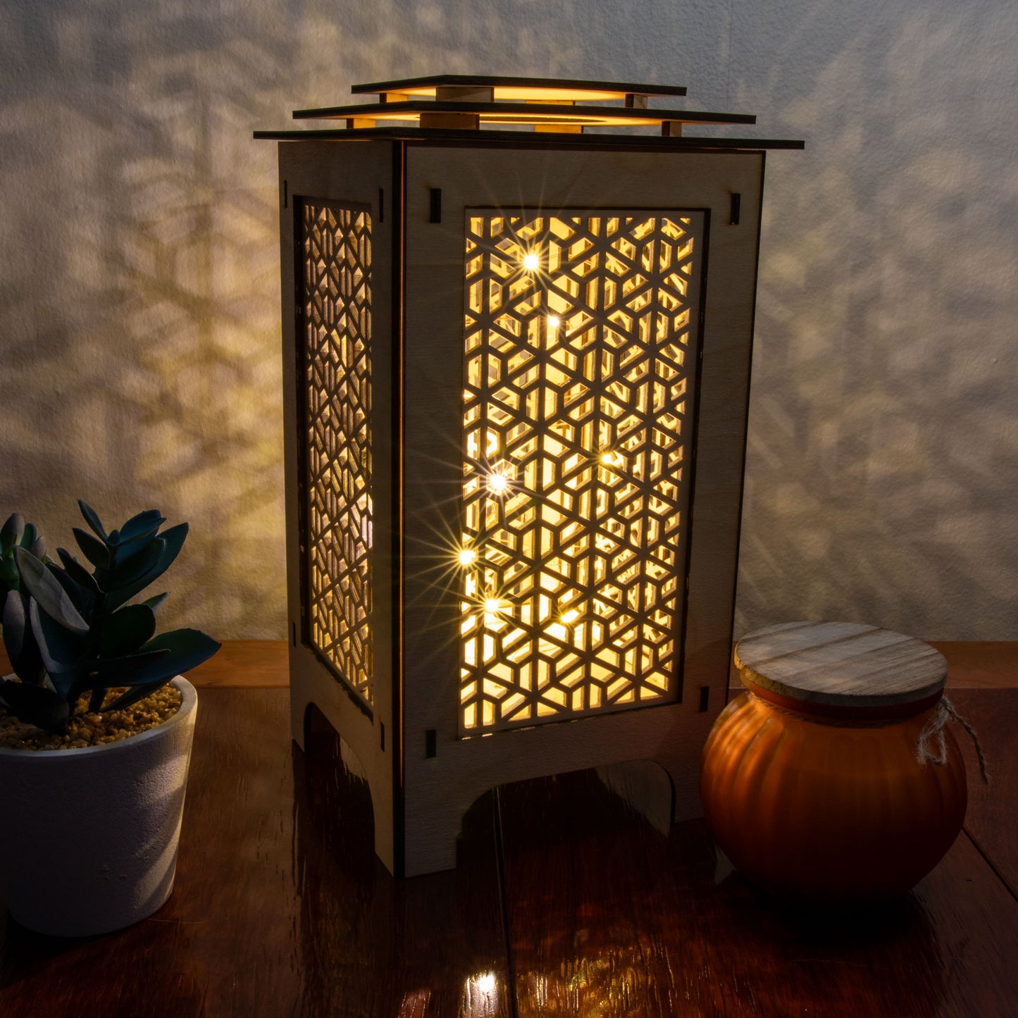 LED Lantern with Kumiko Bishamon-Kikkou Interchangeable Panels, Home and Office Decor