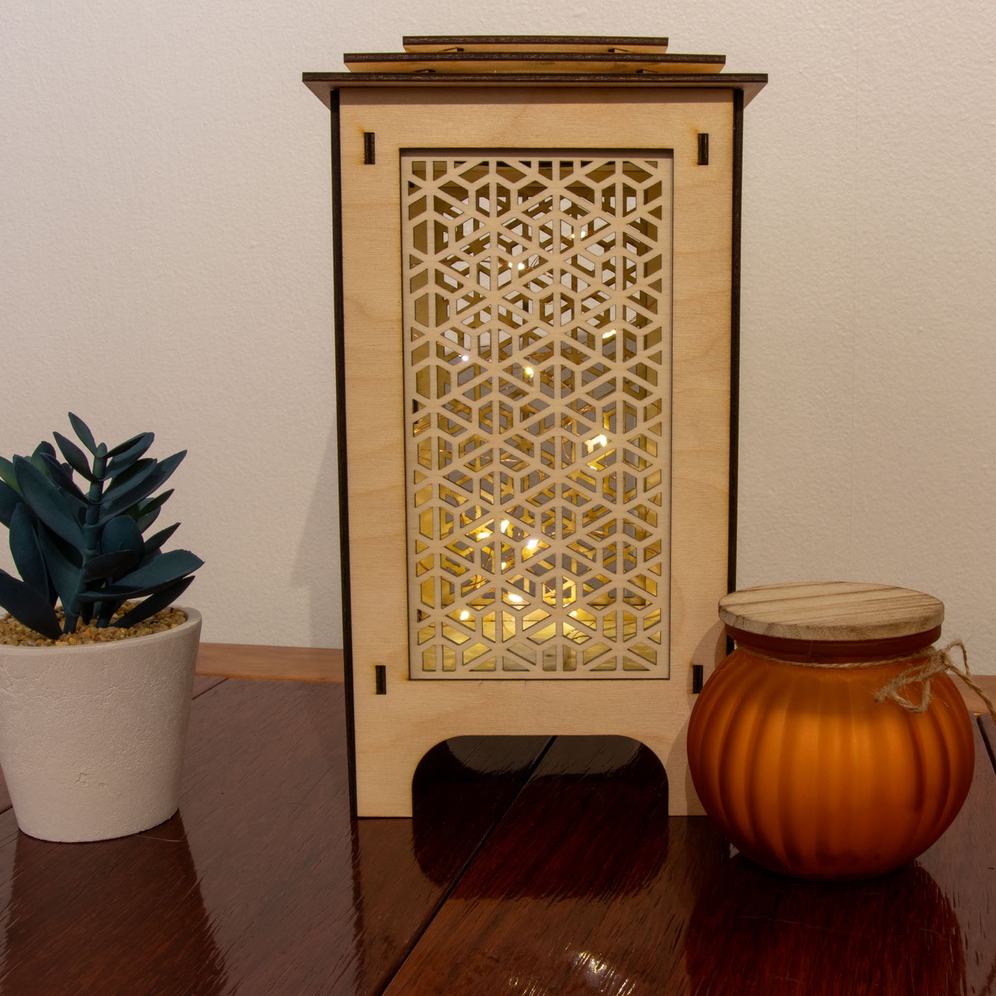 LED Lantern with Kumiko Bishamon-Kikkou Interchangeable Panels, Home and Office Decor