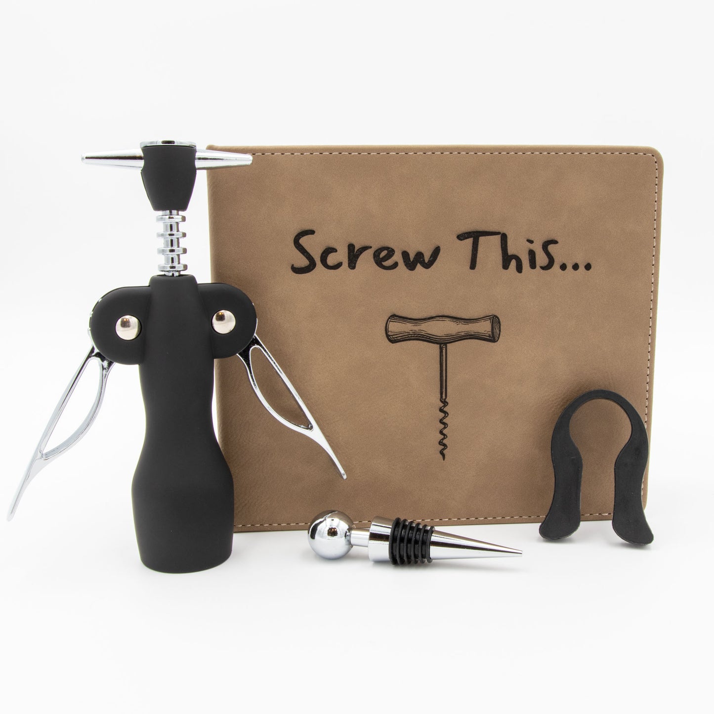 Faux Leather "Screw This" Personalized Wine Set with Corkscrew, Bottle Stopper, and Foil Cutter