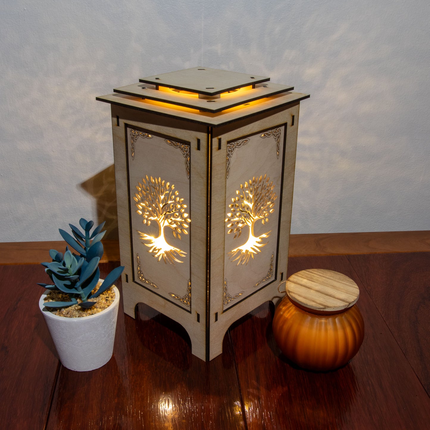 LED Lantern with Tree of Life Celtic Knot Interchangeable Panels, Home and Office Decor