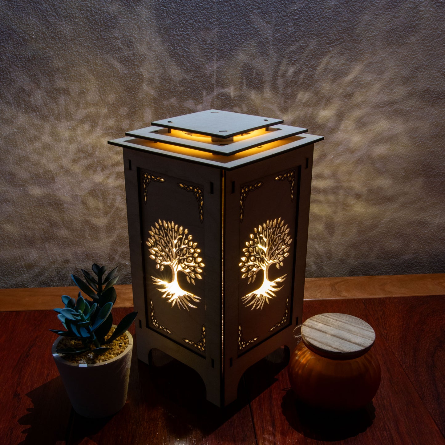 LED Lantern with Tree of Life Celtic Knot Interchangeable Panels, Home and Office Decor