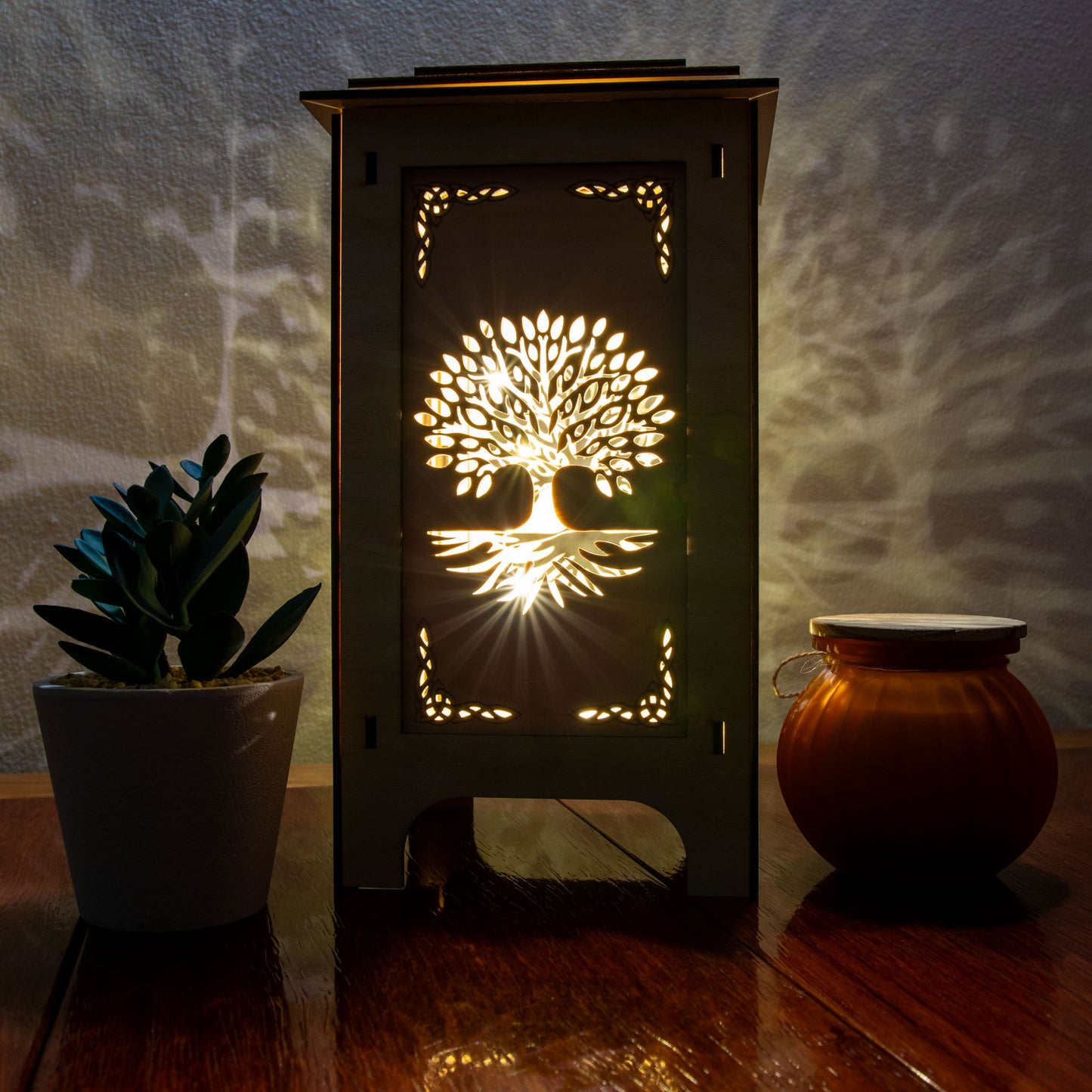 LED Lantern with Tree of Life Celtic Knot Interchangeable Panels, Home and Office Decor