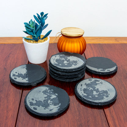 Slate Moon Phase Coaster Set - Exclusive Lunar Phases Engraved, Full Moon Cycle