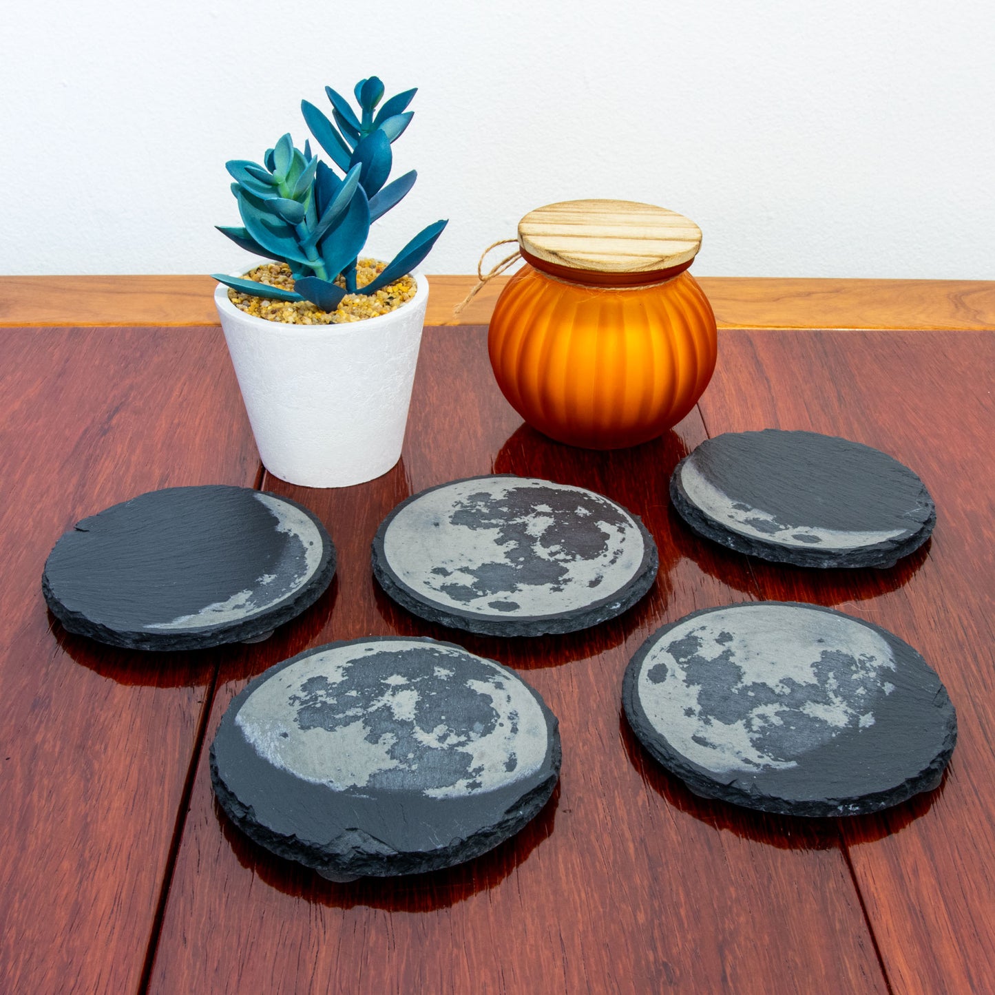 Slate Moon Phase Coaster Set - Exclusive Lunar Phases Engraved, Full Moon Cycle