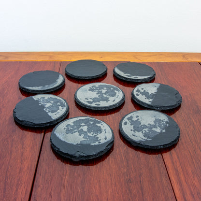 Slate Moon Phase Coaster Set - Exclusive Lunar Phases Engraved, Full Moon Cycle