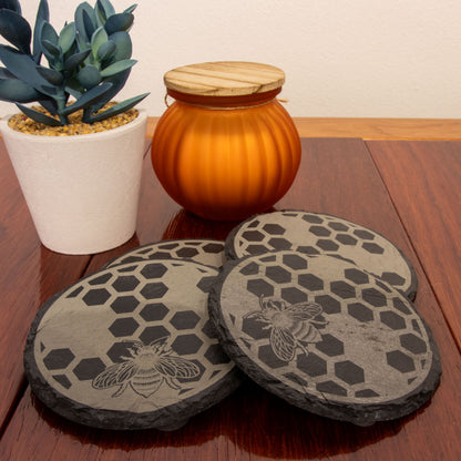 Slate Honeycomb and Bees Patterned Round Drink Coasters Set of 4