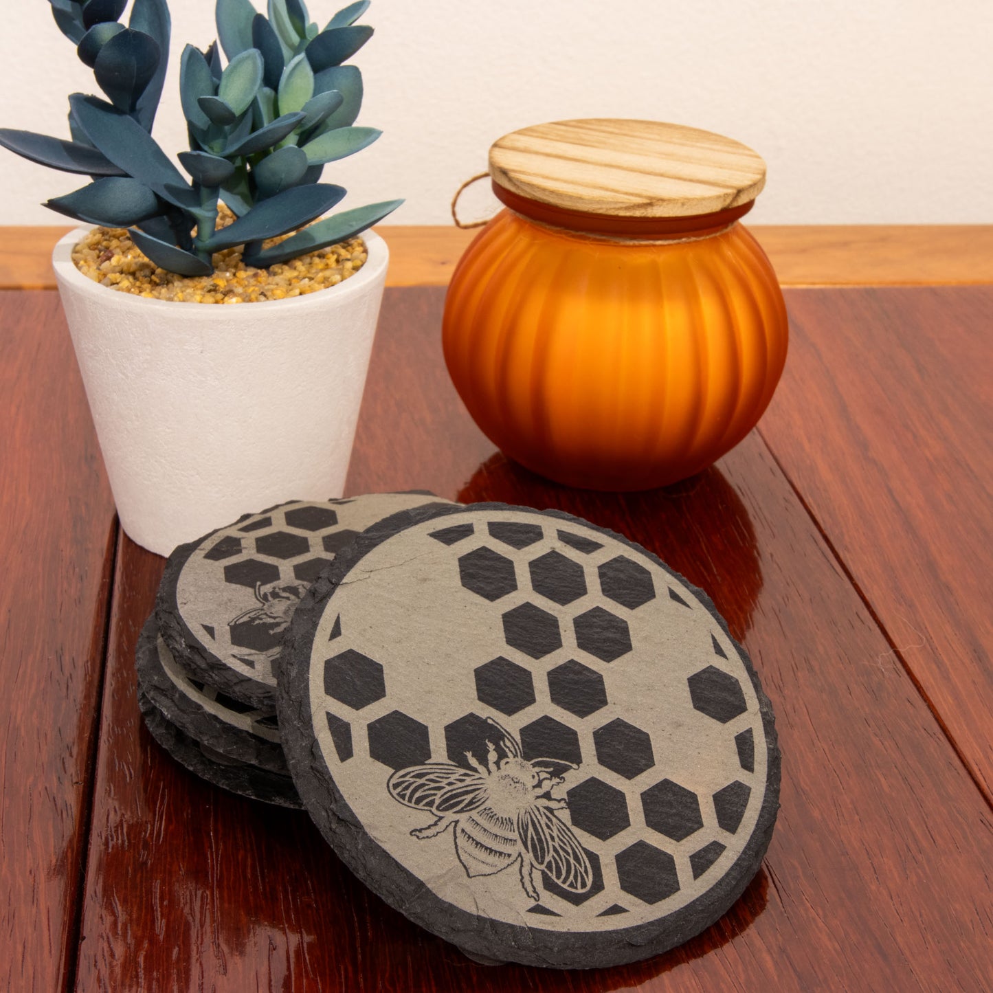 Slate Honeycomb and Bees Patterned Round Drink Coasters Set of 4