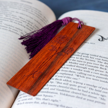 Padauk Wooden Personalized Birth Flower Bookmark with Custom Monogram Engraving