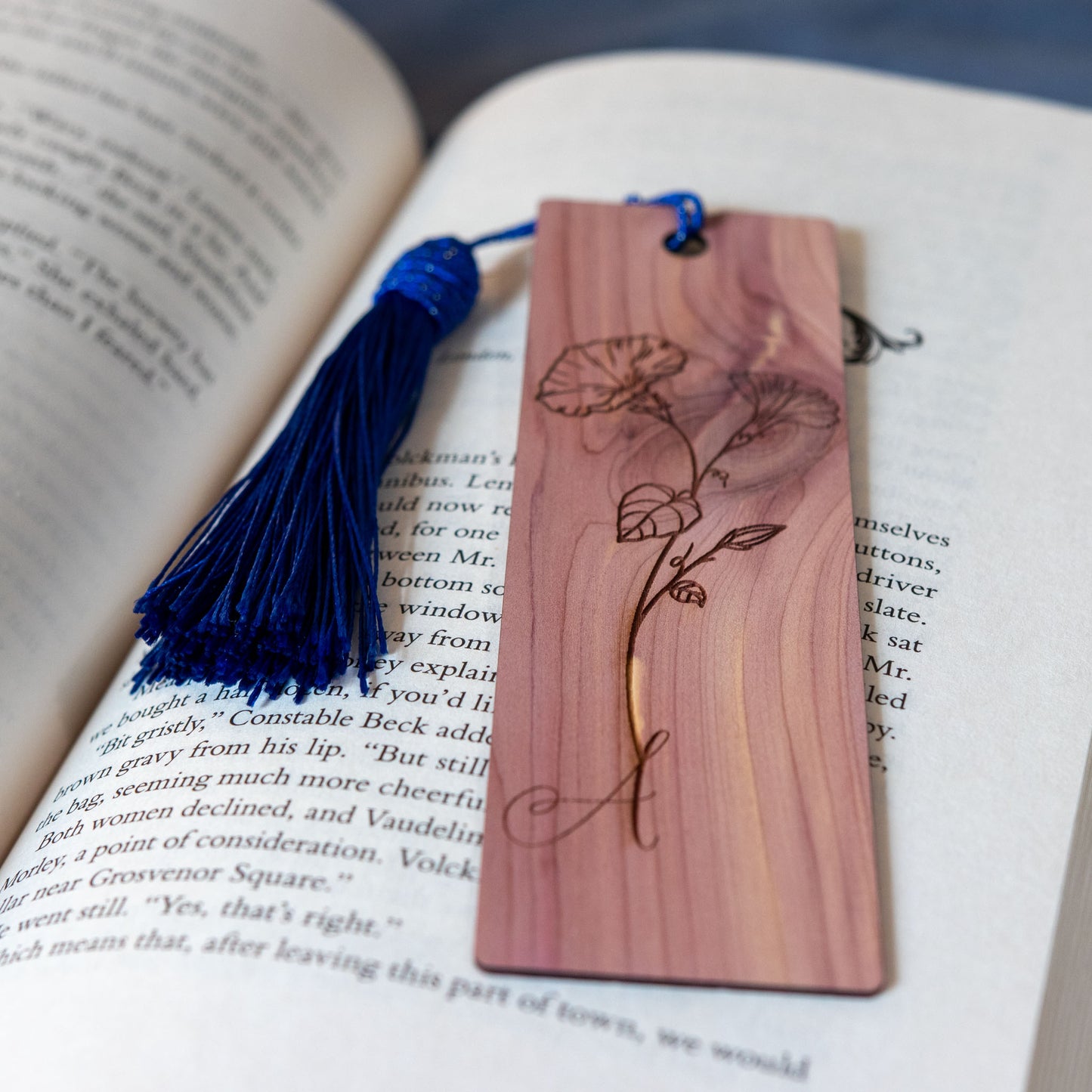 Red Cedar Wooden Personalized Birth Flower Bookmark with Custom Monogram Engraving