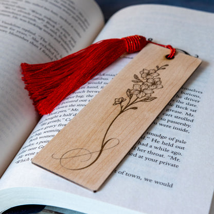 Maple Wooden Personalized Birth Flower Bookmark with Custom Monogram Engraving