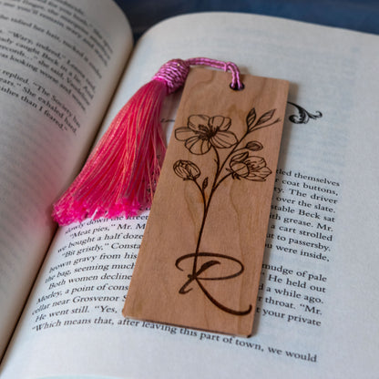 Cherry Wooden Personalized Birth Flower Bookmark with Custom Monogram Engraving