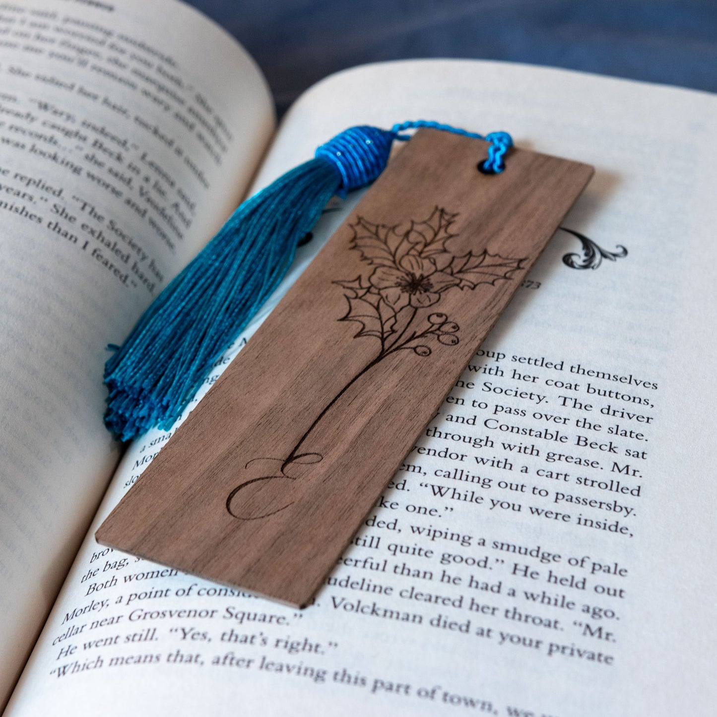 Walnut Wooden Personalized Birth Flower Bookmark with Custom Monogram Engraving