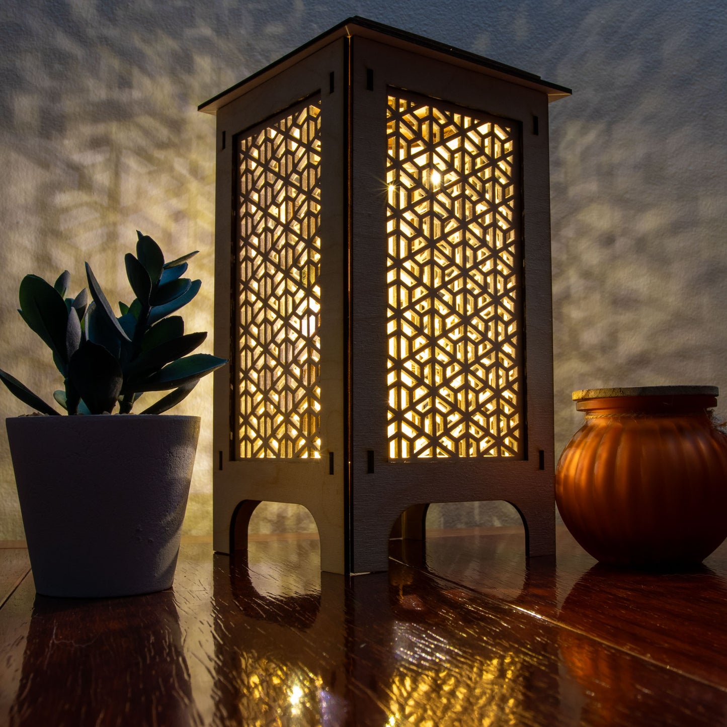 LED Lantern with Kumiko Bishamon-Kikkou Interchangeable Panels, Home and Office Decor