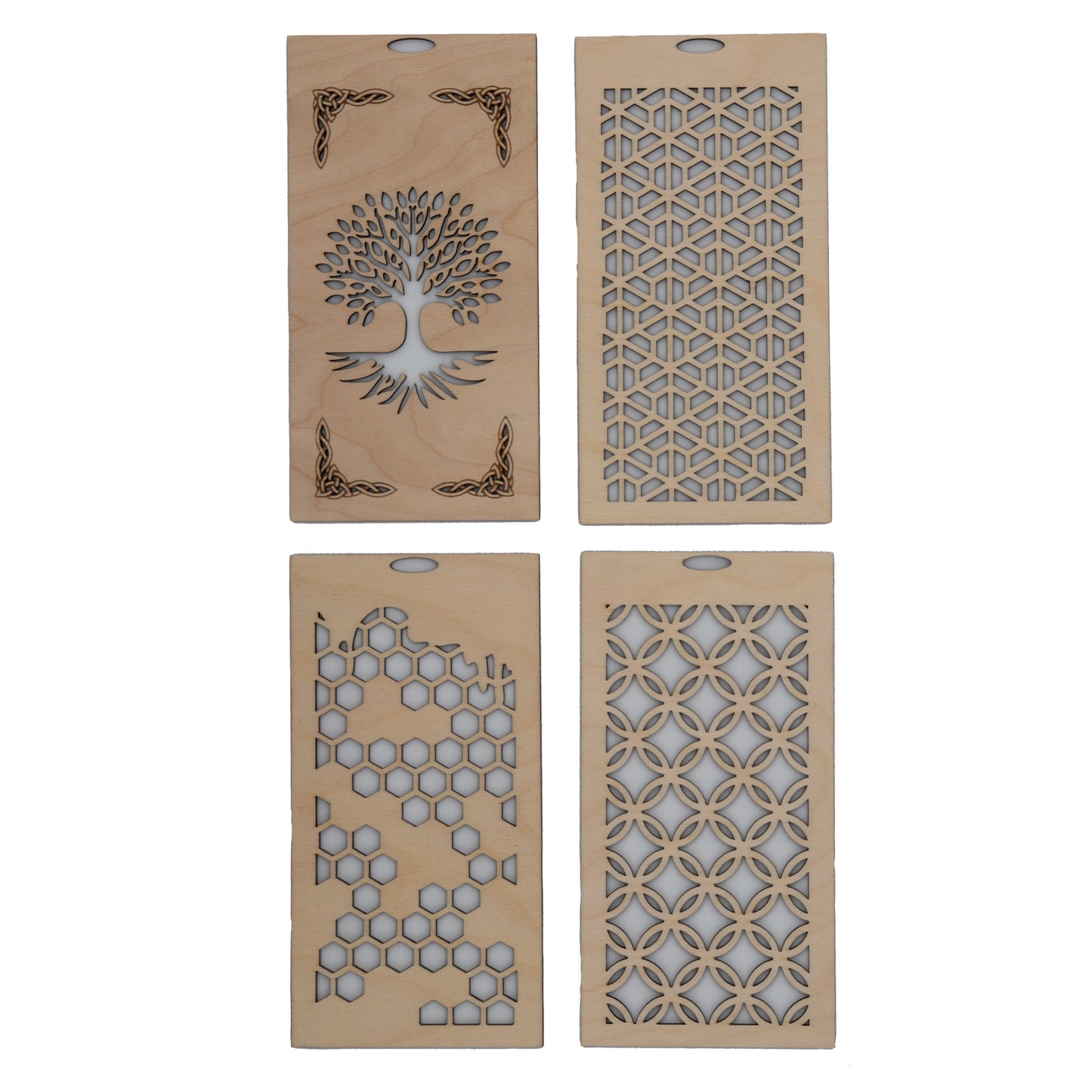 Laser-Cut Interchangeable Lantern Panels - Honeycomb, Kumiko Shippo, Bishamon-Kikkou, Tree of Life Celtic Knot Designs