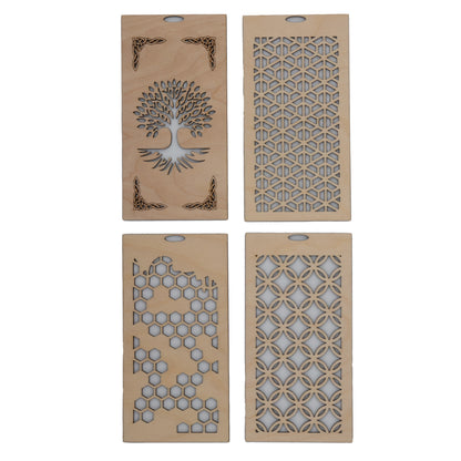 Laser-Cut Interchangeable Lantern Panels - Honeycomb, Kumiko Shippo, Bishamon-Kikkou, Tree of Life Celtic Knot Designs